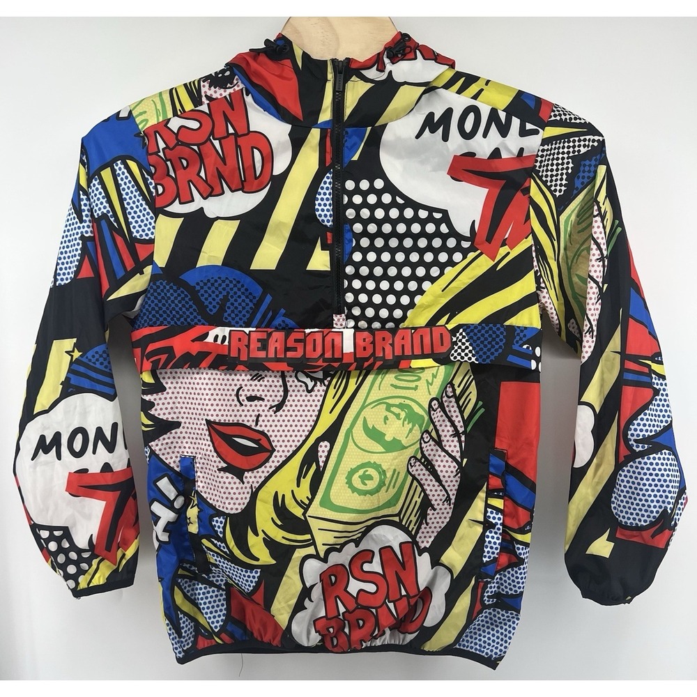 Reason Brand Jacket Men Medium Black Multi Windbreaker All Over MONEY Comic Y2K